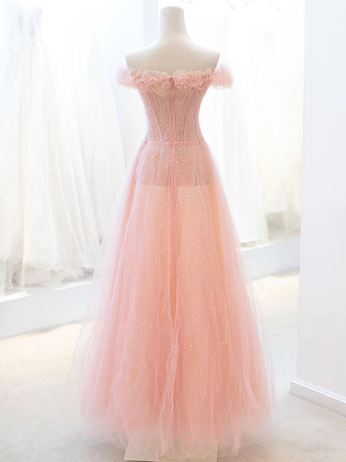 Pink A-Line Lovely Tulle Sequins Long Prom Dress