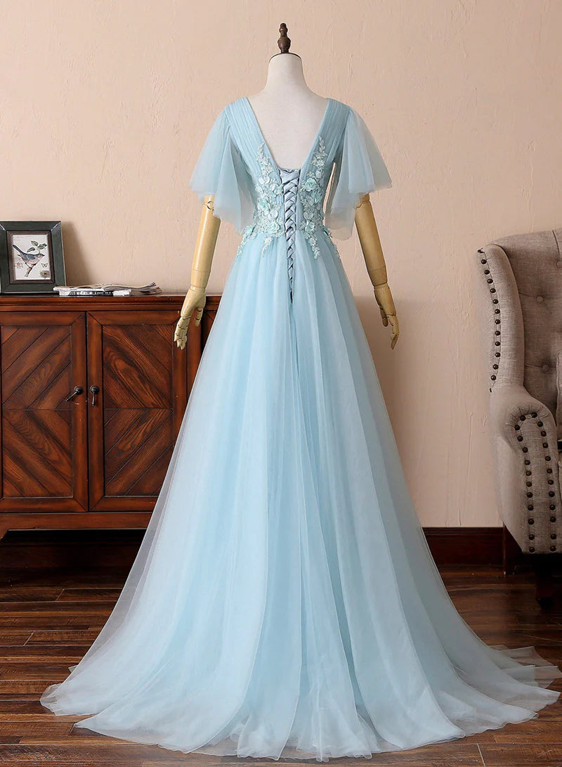 A-Line Blue V-Neck Lace Long Prom Dresses