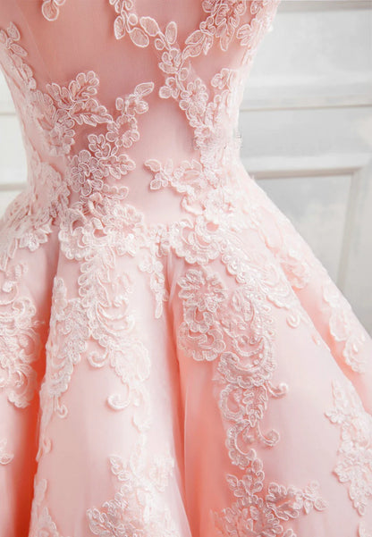 Off the Shoulder Pink Lace Long A-Line Prom Dresses