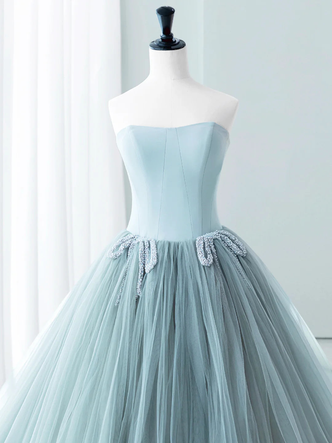 Lovely Strapless Blue Satin Tulle Long Prom Dress