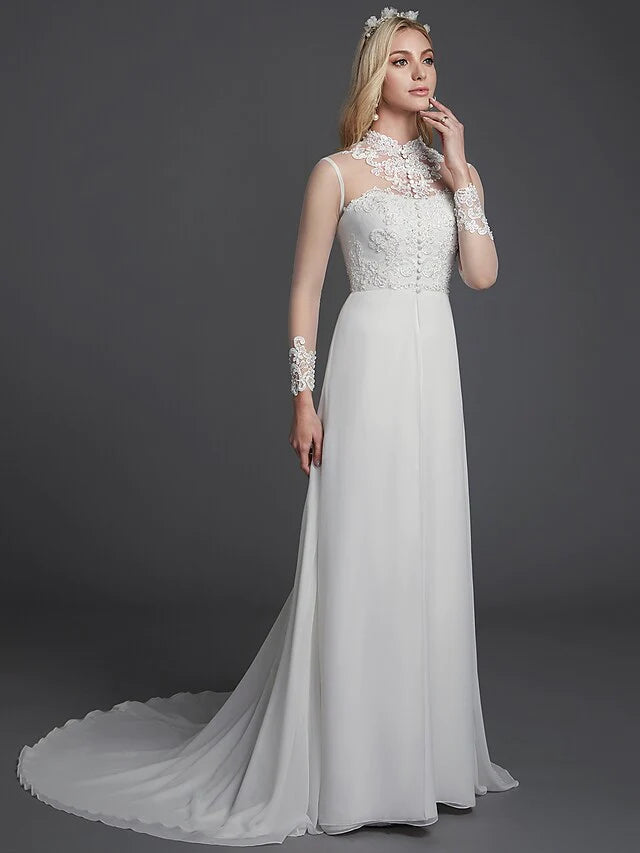 A-Line Wedding Dresses High Neck Court Train Chiffon Lace Long Sleeve Vintage Plus Size Backless with Lace Buttons