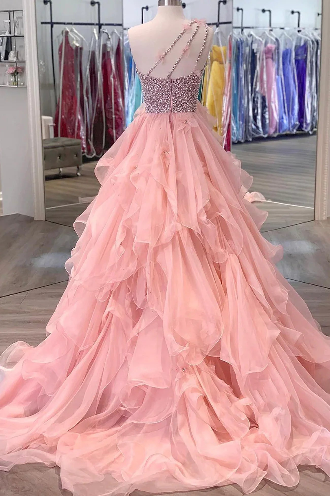 A-Line One Shoulder  Pink Organza Beaded Long Formal Dress