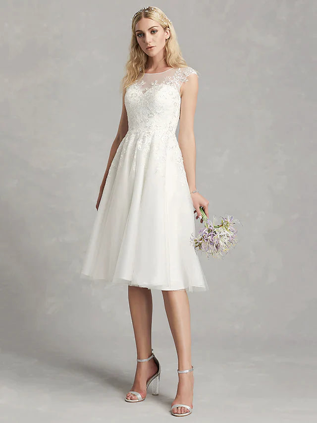 A-Line Wedding Dresses Jewel Neck Tea Length Lace Tulle Cap Sleeve Beautiful Back with Appliques