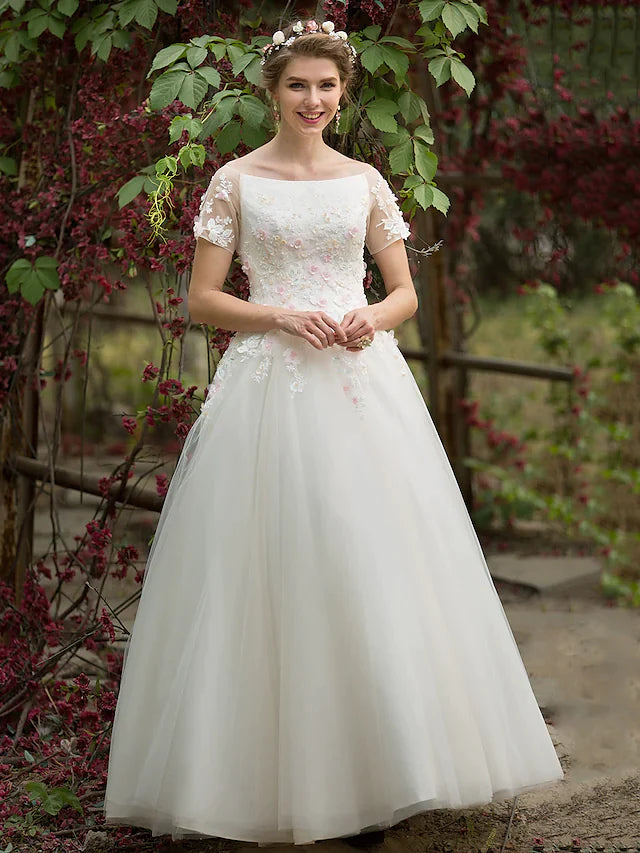 A-Line Wedding Dresses Bateau Neck Floor Length Tulle Short Sleeve with Beading Appliques Flower