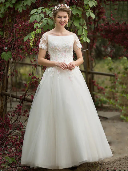 A-Line Wedding Dresses Bateau Neck Floor Length Tulle Short Sleeve with Beading Appliques Flower