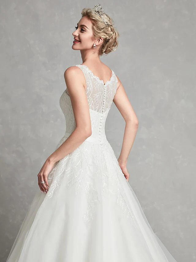 A-Line Wedding Dresses Scoop Neck Chapel Train Lace Tulle Regular Straps Formal Illusion Detail with Lace Sash Ribbon