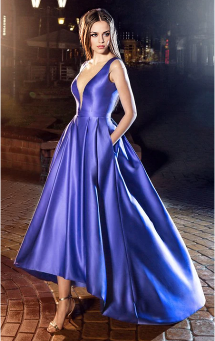 Xuewuba Dress A-Line High-Low V-Neck Sleeveless Satin Prom Dress Formal Wear Dresses