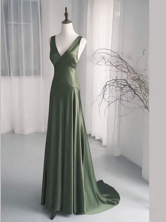 Xuewuba Dress A-line Green Satin V-neckline Low Back Prom Dress Green Evening Dress Formal Wear Dresses