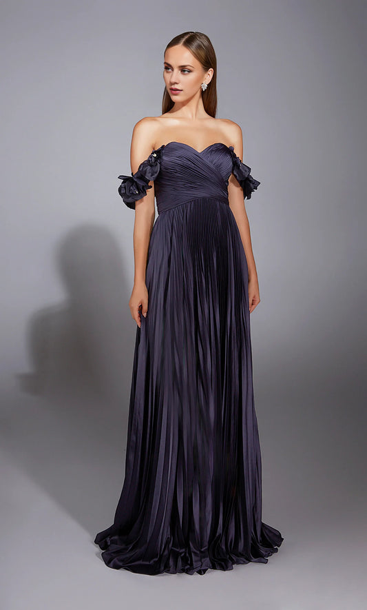 Xuewuba Dress Beautiful Long Off The Shoulder Draped A Line Closed Back Pleated 3d Flower Prom Dress Formal Wear Dresses