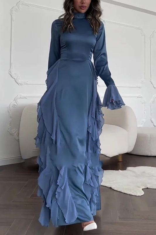 Xuewuba Dress Black Solid Color High Neck Long Sleeve Elegant Ruffles Floor Length Prom Dress