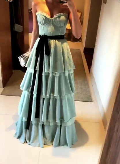 Xuewuba Dress Blue Fashion Tube Top Elegant Long Floor-length Layered Tulle Ball Gown Evening Dress Prom Dress
