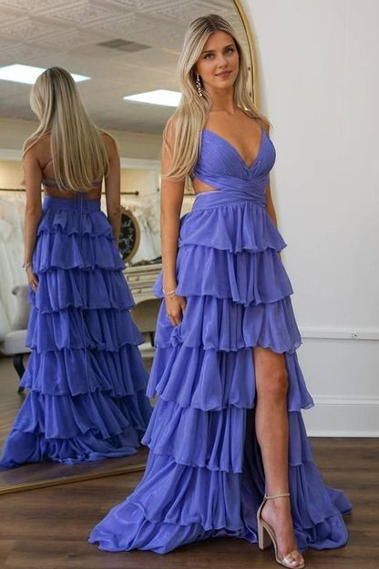 Xuewuba Dress Cute A Line V-Neck Ruffle Tiered Open Back Prom Dress with Slit