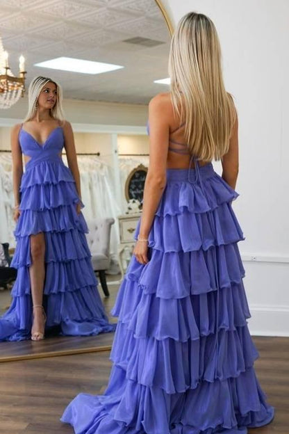 Xuewuba Dress Cute A Line V-Neck Ruffle Tiered Open Back Prom Dress with Slit