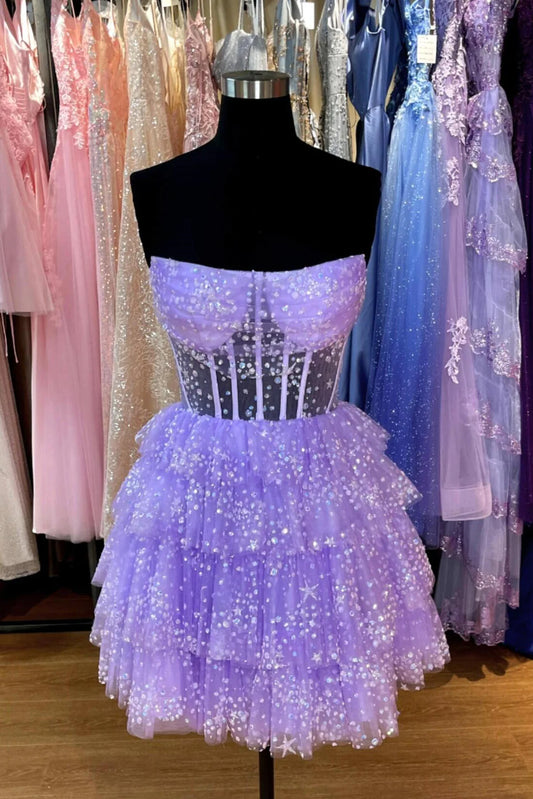 Xuewuba Dress Lavender Sparkle Tulle Tiered Short Party Dress Homecoming Dress