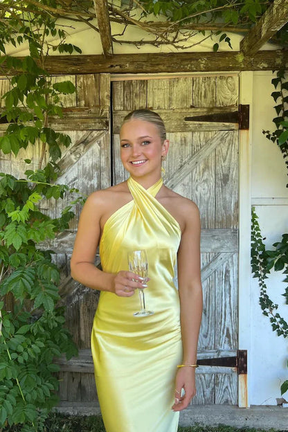 Xuewuba Dress Light Pink Crossover Maxi Dress Prom Dress Yellow Halter Backless Long Prom Dress Wedding Guest Dress
