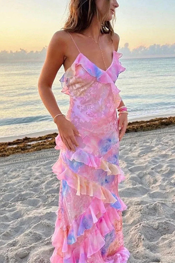 Xuewuba Dress Multicolor Tie-dye Sexy Backless Wave-hem Spaghetti Straps Floor Length Prom Dress