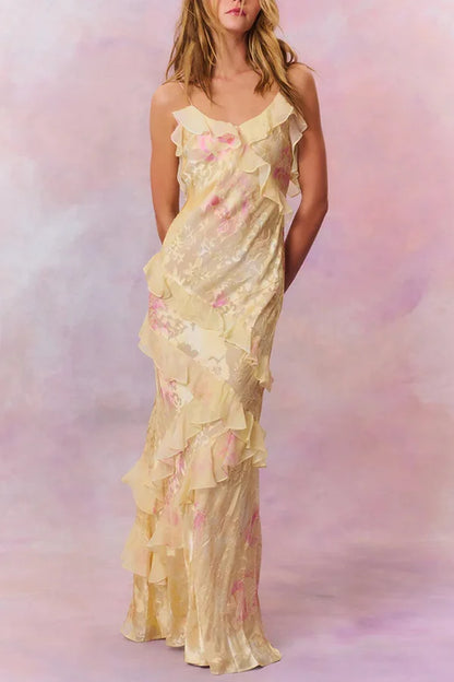 Xuewuba Dress Multicolor Tie-dye Sexy Backless Wave-hem Spaghetti Straps Floor Length Prom Dress