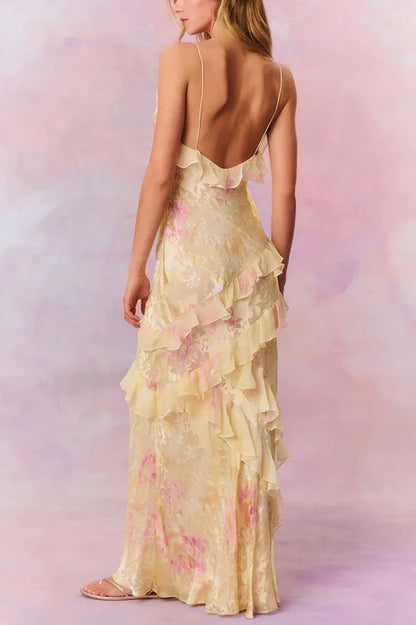 Xuewuba Dress Multicolor Tie-dye Sexy Backless Wave-hem Spaghetti Straps Floor Length Prom Dress