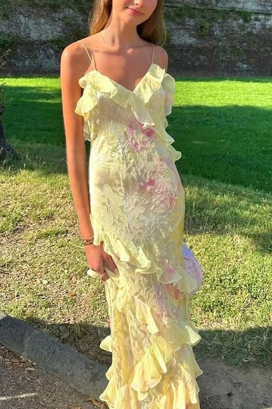Xuewuba Dress Multicolor Tie-dye Sexy Backless Wave-hem Spaghetti Straps Floor Length Prom Dress