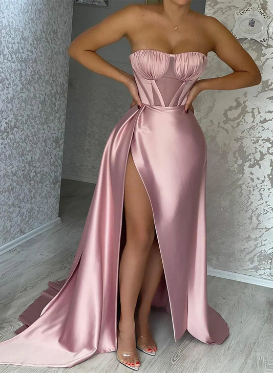 Xuewuba Dress Pink Sweetheart Strapless Satin Long Prom Dress with Leg Slit Pink Satin Evening Dress Formal Wear Dresses