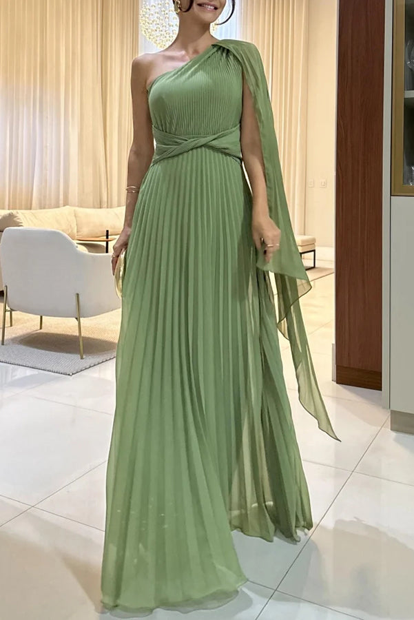 Xuewuba Dress Pleated One Shoulder Flutter Drape Sleeve Twist Waist Floor Length Prom Dress