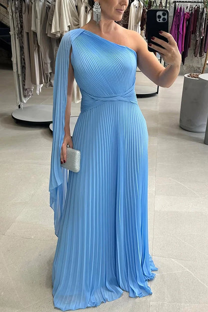 Xuewuba Dress Pleated One Shoulder Flutter Drape Sleeve Twist Waist Floor Length Prom Dress