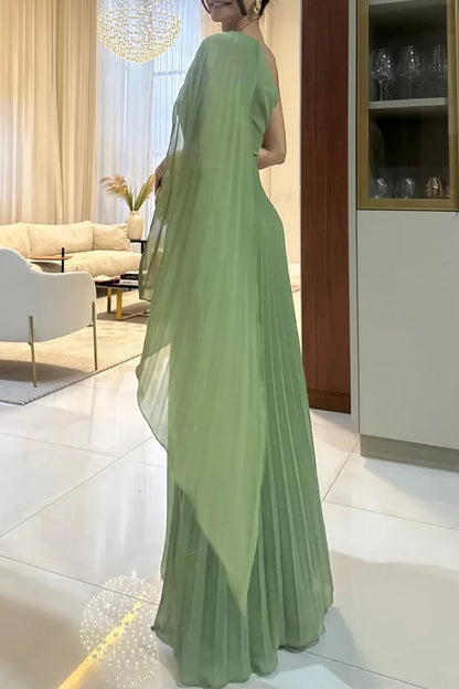 Xuewuba Dress Pleated One Shoulder Flutter Drape Sleeve Twist Waist Floor Length Prom Dress