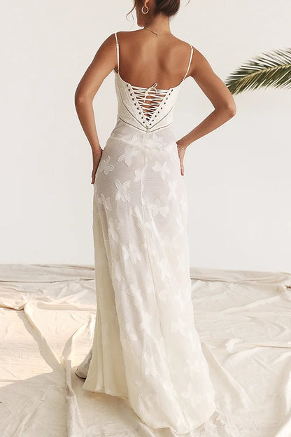 Xuewuba Dress Romantic Vintage Feel Back Lace-up Spaghetti Straps Floaty Floor Length Prom Dress