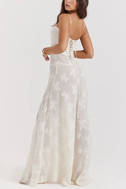 Xuewuba Dress Romantic Vintage Feel Back Lace-up Spaghetti Straps Floaty Floor Length Prom Dress