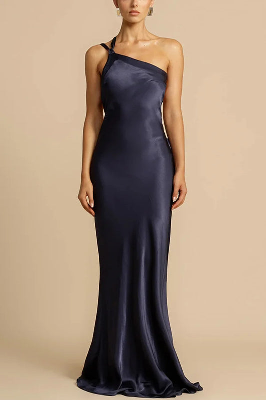 Xuewuba Dress Simple Satin Asymmetrical One Shoulder Backless Strap Floor Length Sleeveless Prom Dress