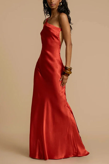 Xuewuba Dress Simple Satin Asymmetrical One Shoulder Backless Strap Floor Length Sleeveless Prom Dress