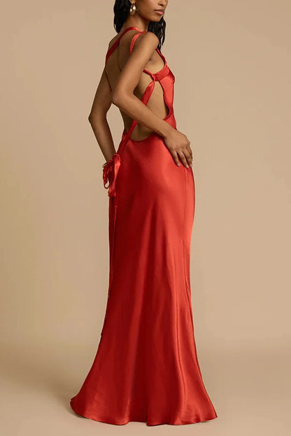 Xuewuba Dress Simple Satin Asymmetrical One Shoulder Backless Strap Floor Length Sleeveless Prom Dress