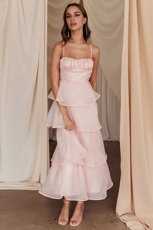 Xuewuba Dress Spaghetti Strap Front Ruched A-Line Tie Up Backless Tiered Ruffled Prom Dress