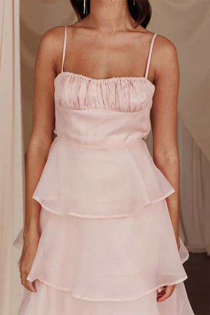 Xuewuba Dress Spaghetti Strap Front Ruched A-Line Tie Up Backless Tiered Ruffled Prom Dress