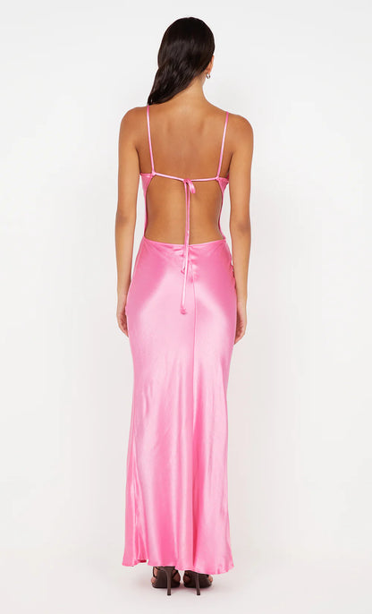 Xuewuba Dress Spaghetti Straps V Neck Sleeveless Evening Dress Pink Prom Dress Sheath Open Back Maxi Dress