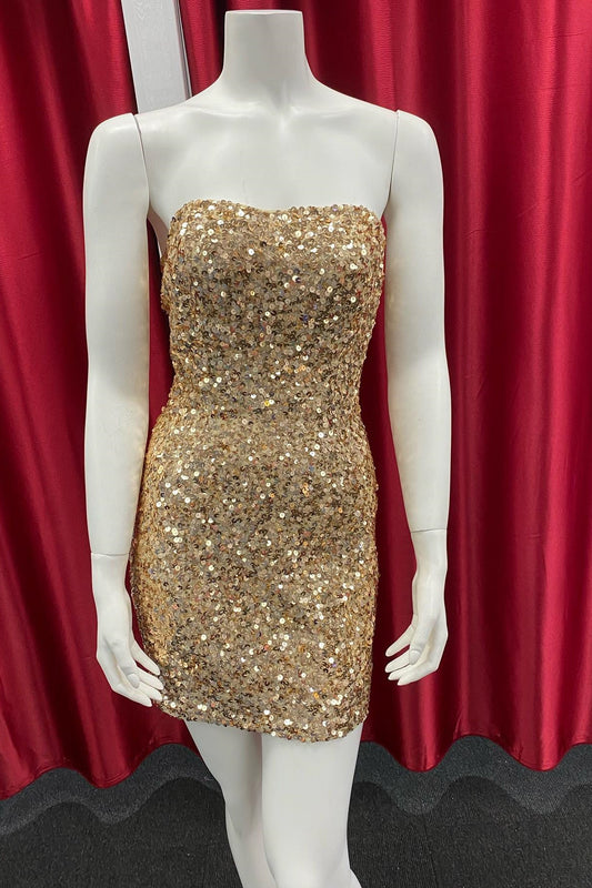 Xuewuba Dress Strapless Gold Sequin Tight Short Homecoming Dress