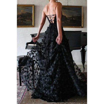 Xuewuba Dress Strapless Lace-Up Appliqued Tulle A-Line Long Prom Gown With Slit Black Party Dress