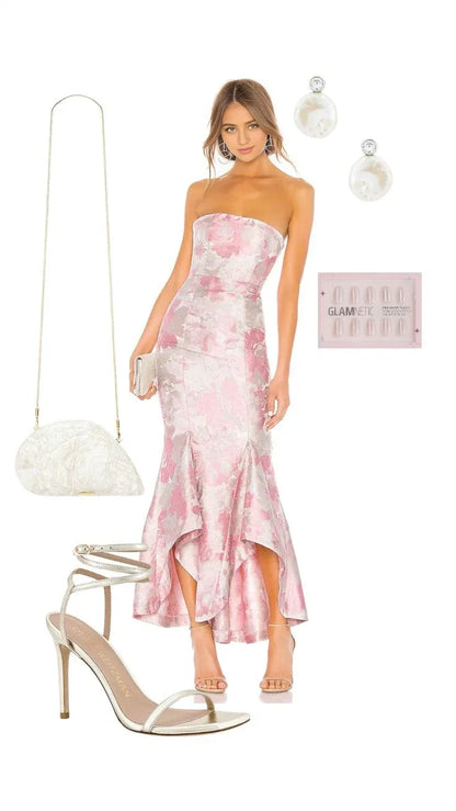 Xuewuba Dress Strapless Pink Elegant Fashion Floral Long Slim Fit Floor Length Ball Gown Evening Dress Prom Dress