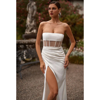 Xuewuba Dress Strapless Sheer Ruched Satin Sheath Long Prom Formal Gown With Slit Party Dress