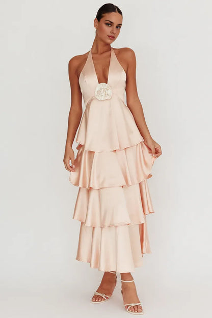Xuewuba Dress Tiered Ruffled Hem 3D Flower Halter Midi Dresses Champagne Prom Dress
