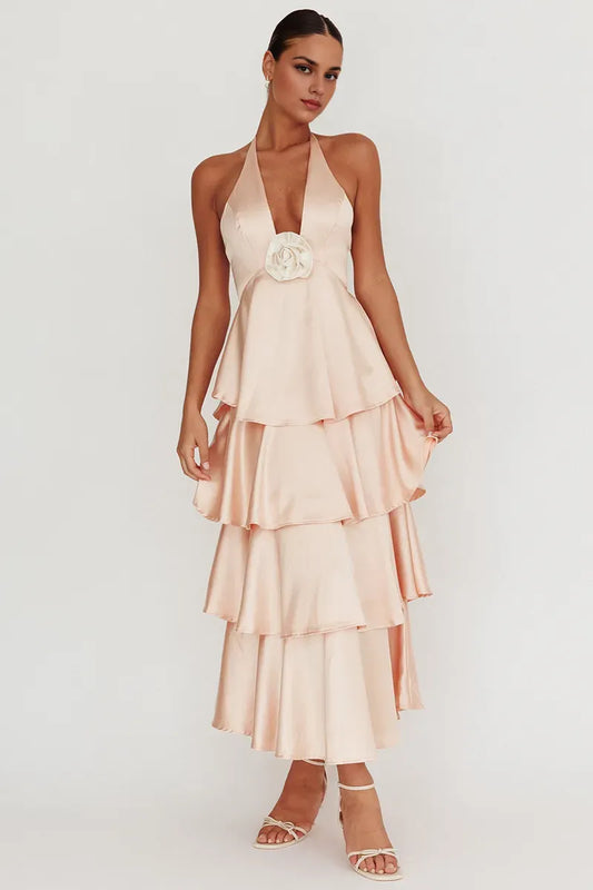 Xuewuba Dress Tiered Ruffled Hem 3D Flower Halter Midi Dresses Champagne Prom Dress