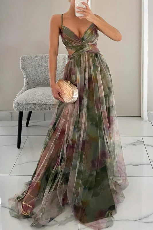 Xuewuba Dress Tulle Render Floral Print Cutout Waist Back Lace-up Floor Length Prom Dress