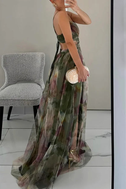 Xuewuba Dress Tulle Render Floral Print Cutout Waist Back Lace-up Floor Length Prom Dress
