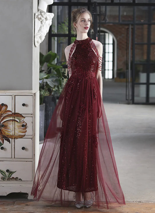 Xuewuba Dress Wine Red A-line Sequins and Tulle Halter Long Prom Dress Wine Red Formal Dress Prom Dress Formal Wear Dresses