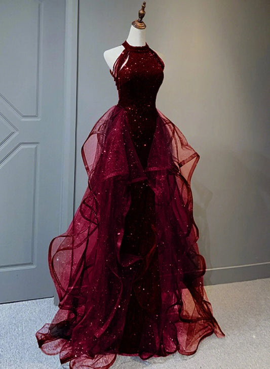 Xuewuba Dress Wine Red Sequins with Tulle Long Party Dress Wine Red Halter Evening Dress Prom Dress Formal Wear Dresses