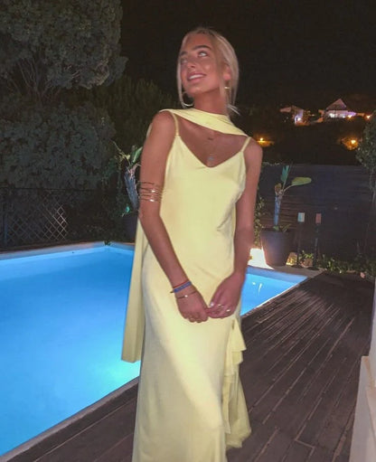Xuewuba Dress Yellow Elegant Fashion Spaghetti Strap Long Ruffled Ball Gown Evening Dress Party Dress Prom Dress
