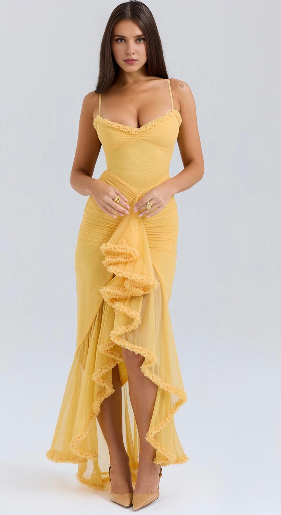 Xuewuba Dress Yellow Sleeveless Mesh Spaghetti Strap Trendy Ruffle Maxi Dress Prom Dress