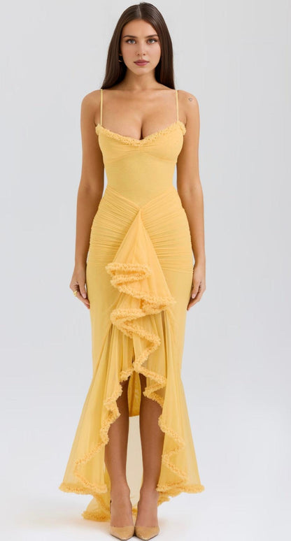 Xuewuba Dress Yellow Sleeveless Mesh Spaghetti Strap Trendy Ruffle Maxi Dress Prom Dress