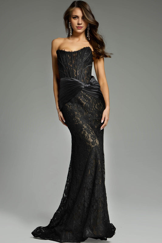 Xuewuba Dress Simple Strapless Black Lace Gown with Draped Satin Waist Prom Dress Formal Wear Dresses
