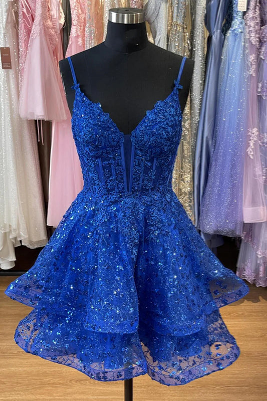 Xuewuba Dress Spaghetti Straps Royal Blue Ruffles A-line Homecoming Dress